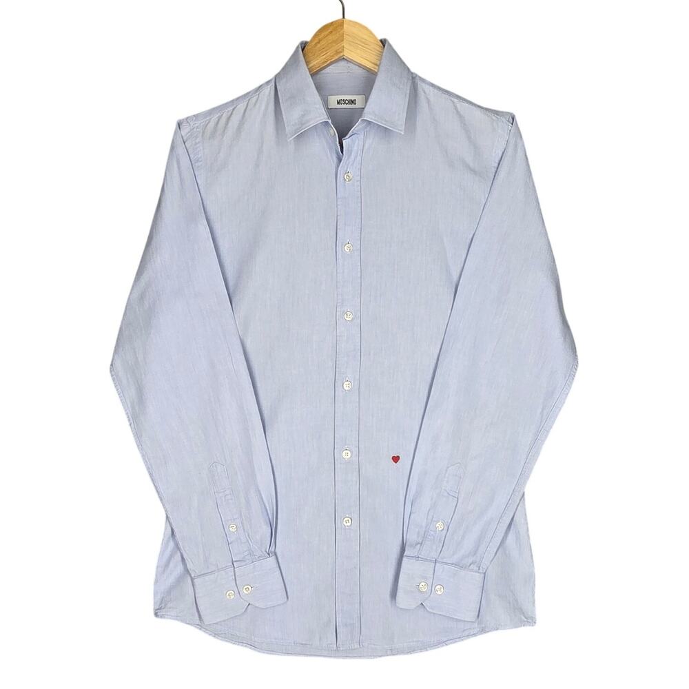 MOSCHINO MEN’S BUTTON‑UP SHIRT – LIGHT BLUE – SIZE 15.5 / 38 – RED HEART LOGO